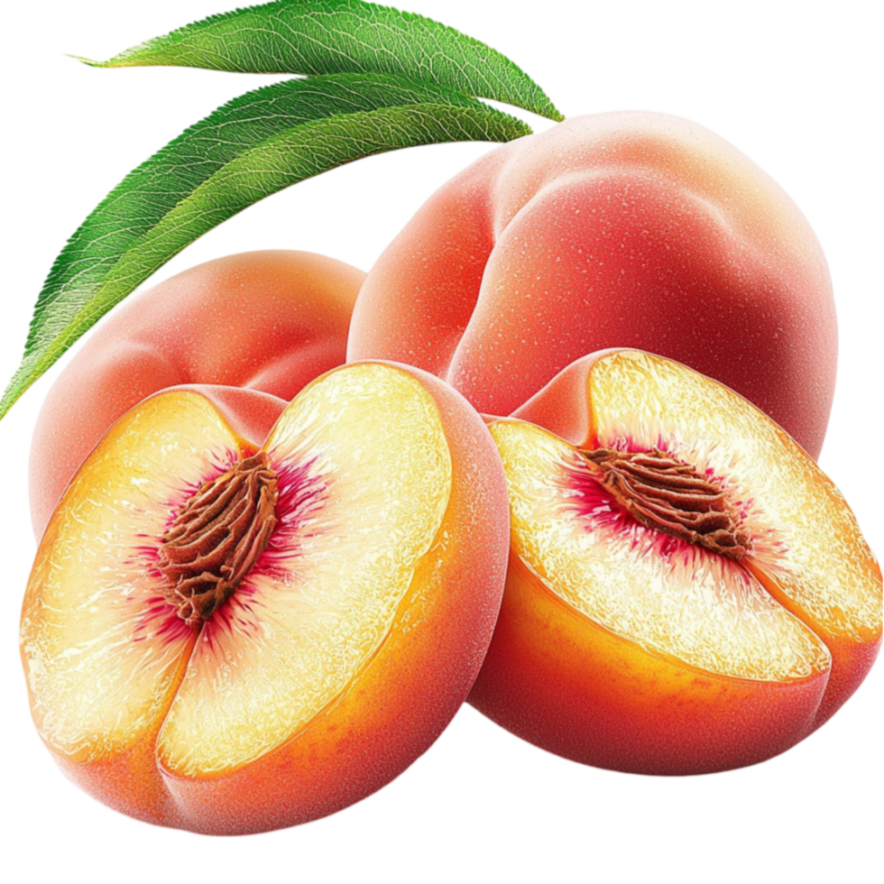 Juicy ripe peaches with a golden orange hue and a ly sliced half revealing the pit png