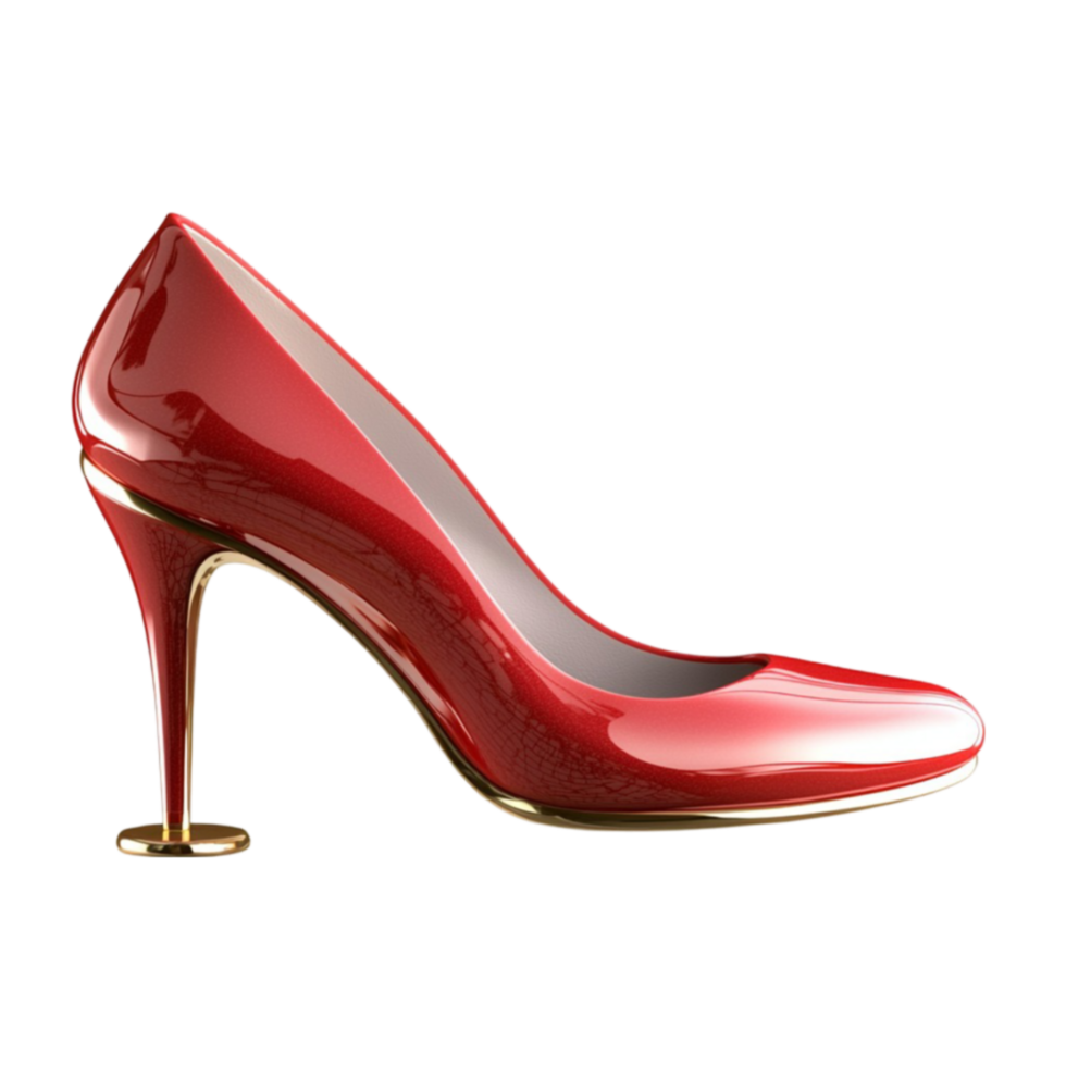 Shiny red highheeled shoe with a pointed toe and a metallic golden stiletto heel png