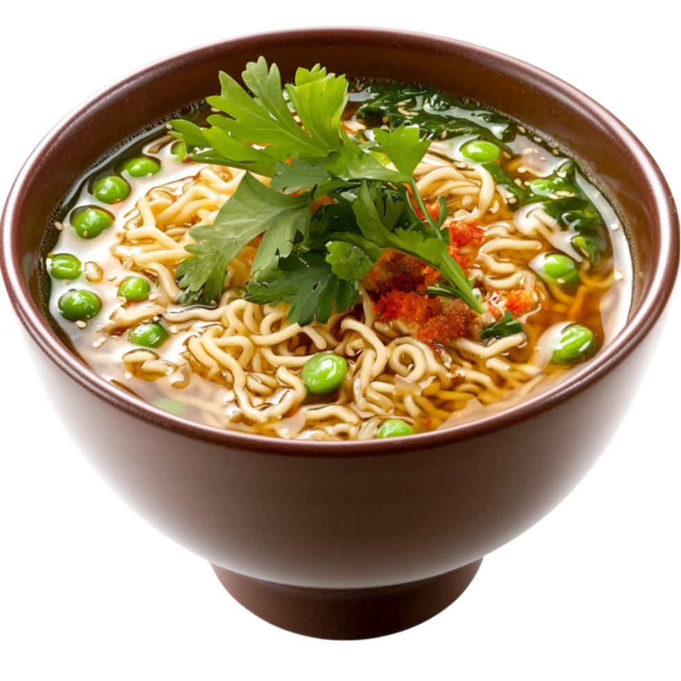Hot steaming bowl of ramen noodles with green peas and cilantro garnish on top png