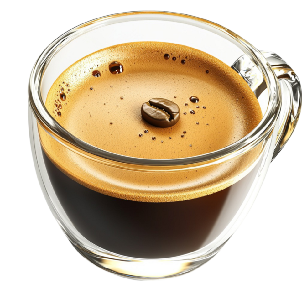 Steaming cup of ly brewed espresso with a crema and a single coffee bean on top png