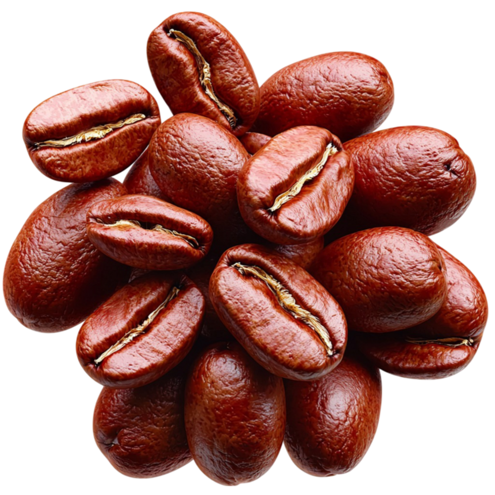 Cluster of brown coffee beans with a glossy surface and visible natural creases png