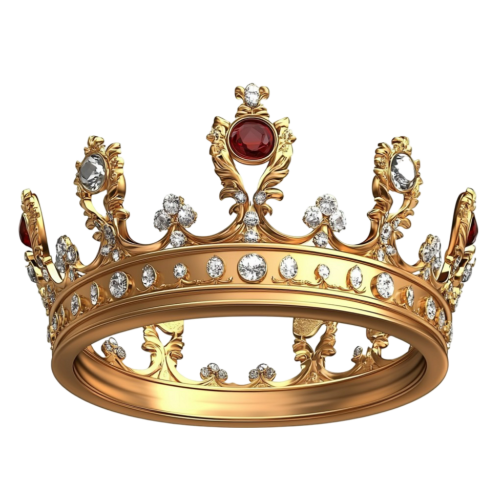 Golden royal crown adorned with red gemstones and small pearls symbolizing power and elegance png