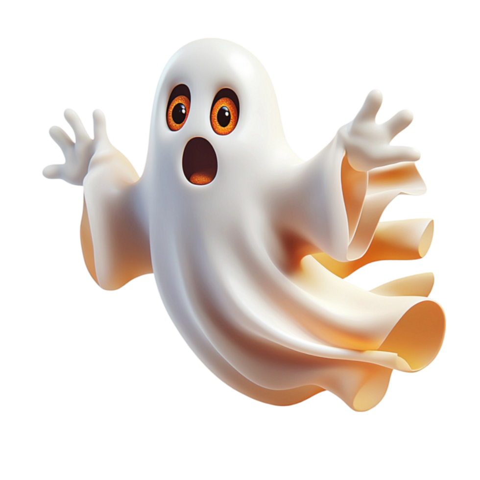 Cute white cartoon ghost with wide eyes and raised hands floating in miir with a surprised expression png