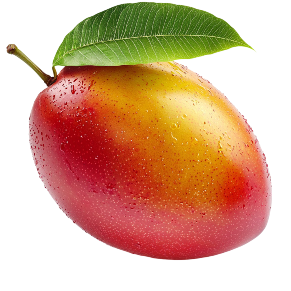 ripe mango with a gradient of yellow orange and red hues covered in tiny water droplets png