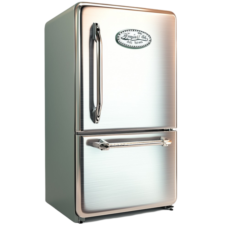 Retro style silver refrigerator with a rounded top and a chrome handle standing tall and png