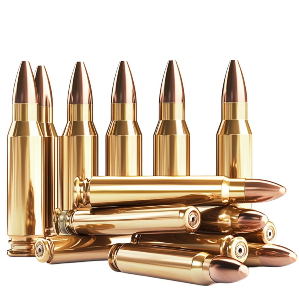 Shiny golden bullets arranged in a neat pile reflecting their metallic surface and precise craftsmanship png