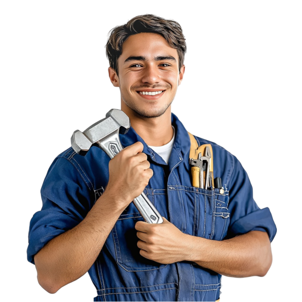 Handsome male mechanic wearing a blue uniform holding a wrench and looking professional png