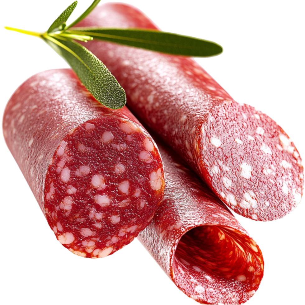 Slices of cured salami with a marbled texture garnished with a sprig of rosemary png