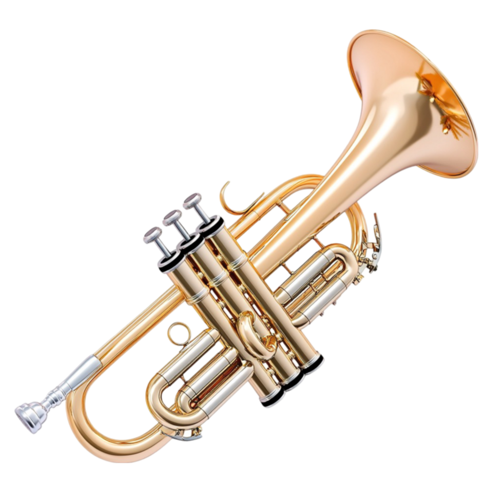 Golden brass trumpet with intricate details and shiny valves reflecting a polished musical instrument png
