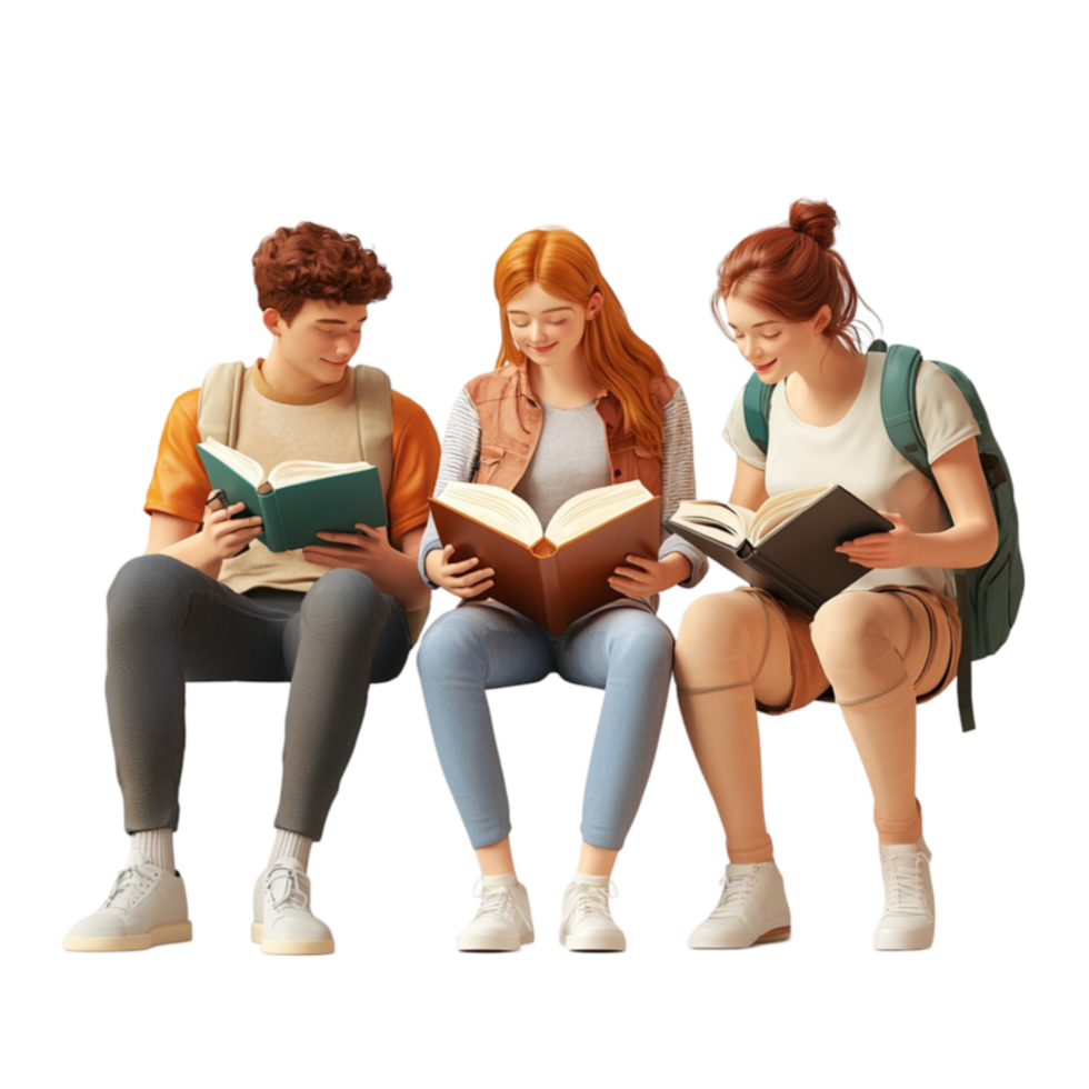 Three young students sitting together reading books and engaging in a friendly discussion png
