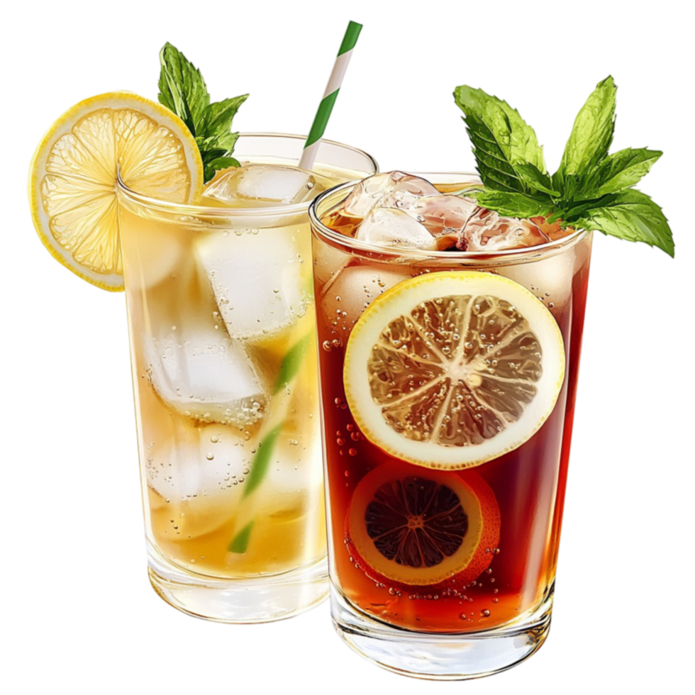 Reing summer drinks with citrus slices mint leaves and ice cubes served in tall glasses png