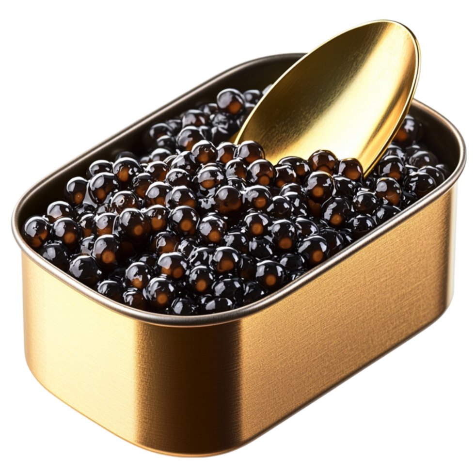 Luxurious tin of black caviar with a golden spoon representing gourmet delicacy and dining png