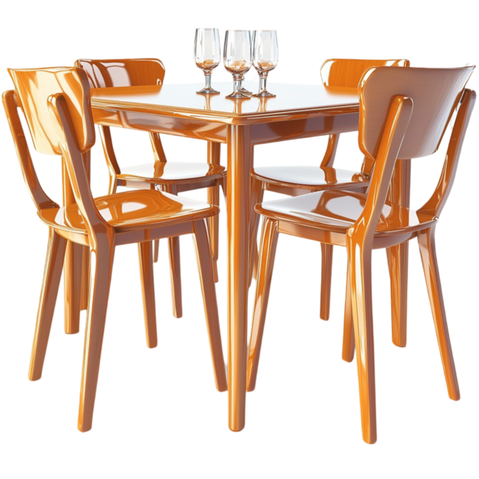 Wooden dining table with four matching chairs set ly with wine glasses and plates png