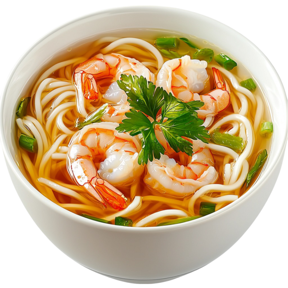 Steaming bowl of shrimp noodle soup with herbs and vegetables in a flavorful broth png