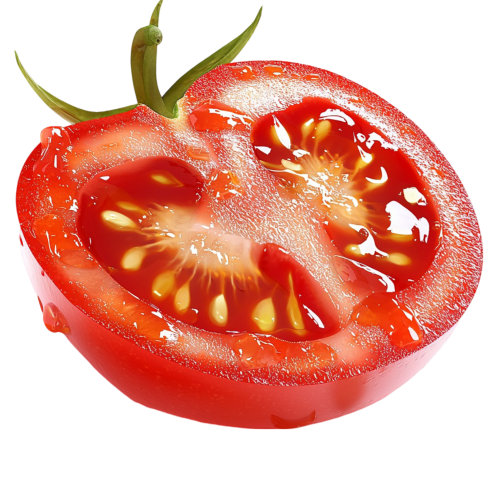 ly sliced red tomato with seeds and juice visible highlighting its ripeness and vibrant color png