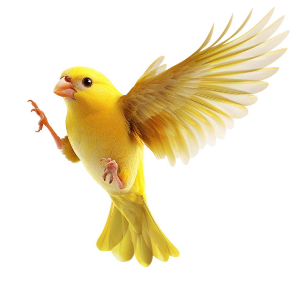 yellow canary in midflight with its wings fully spread and beak slightly open png