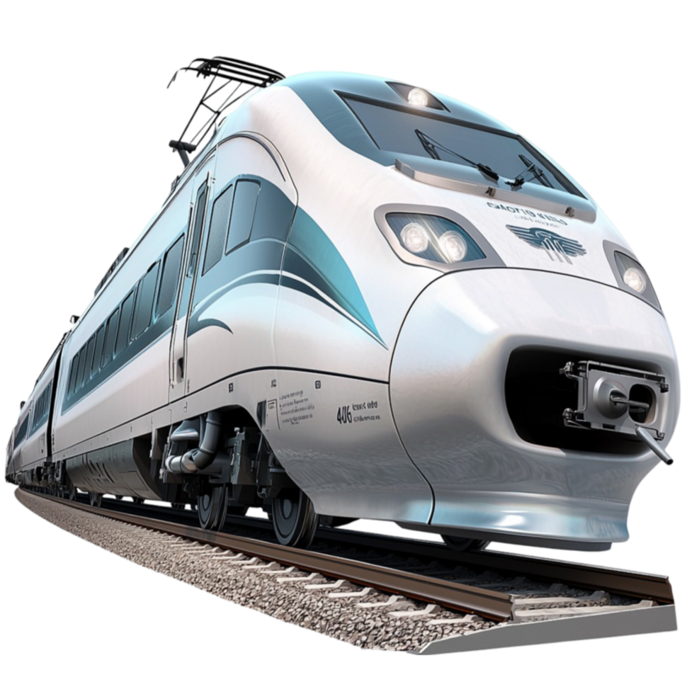 High speed bullet train with a sleek aerodynamic design moving on railway tracks png