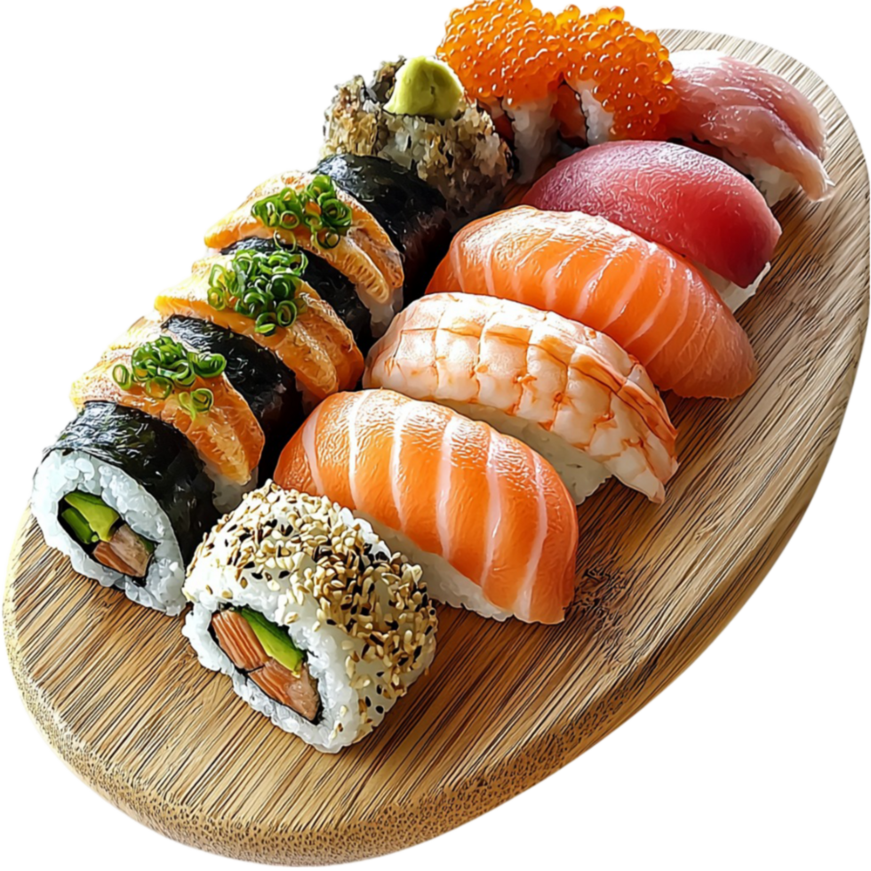 Wooden platter filled with colorful sushi rolls including salmon tuna avocado and fish roe png