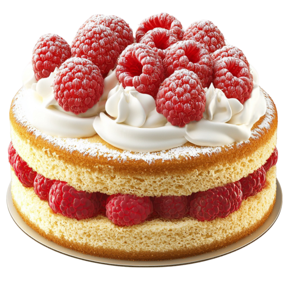 layered sponge cake topped with raspberries fluffy whipped cream and powdered sugar png