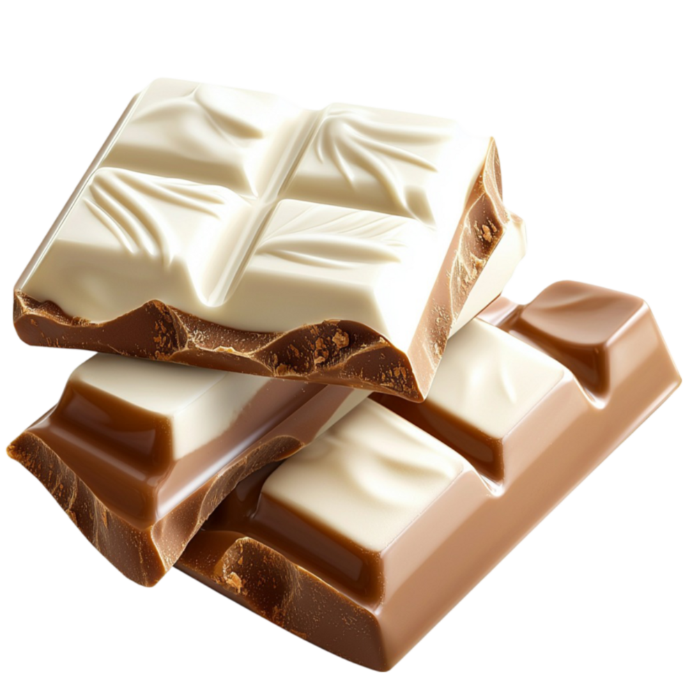 Creamy white chocolate bars broken into pieces showing their and texture png