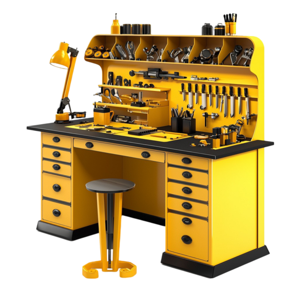 Wellorganized yellow workbench with multiple drawers and tools neatly arranged for efficiency png