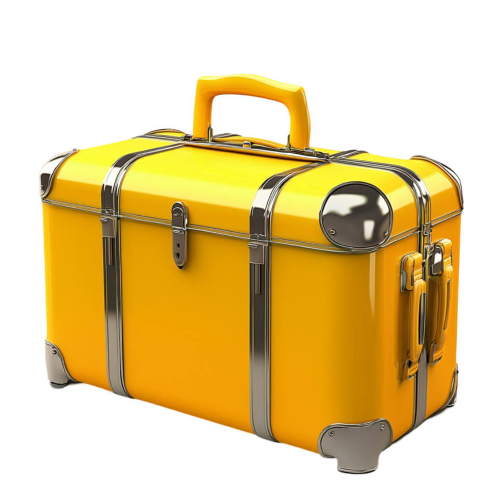 yellow suitcase with metallic locks and reinforced edges designed for travel durability png