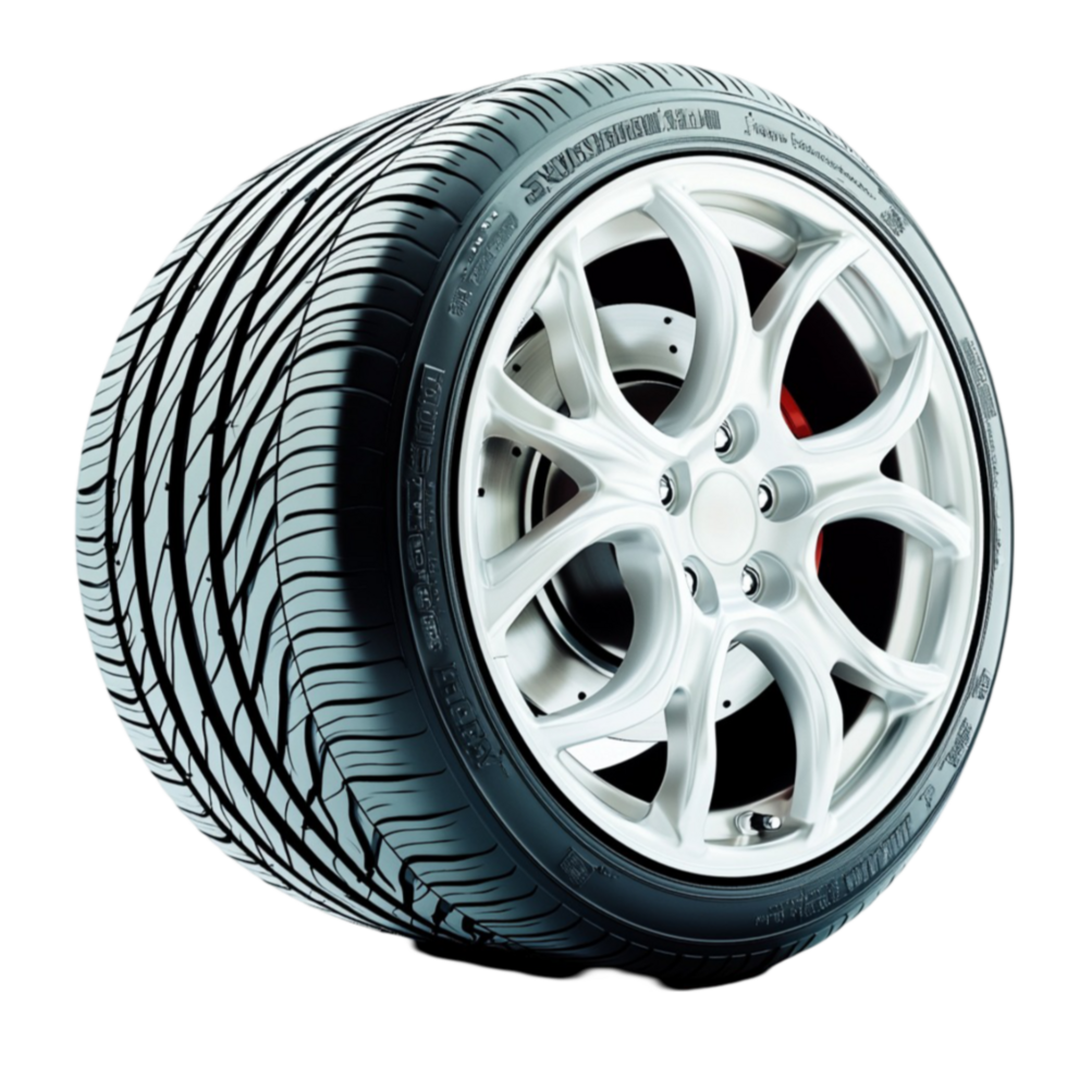 Shiny car tire with an aluminum alloy rim featuring a deep tread pattern for enhanced road grip png