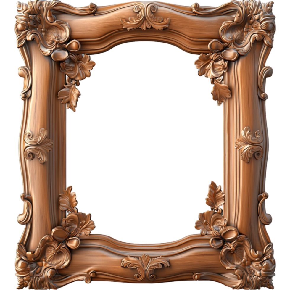 Ornate wooden picture frame with intricate carvings and floral details designed for work display png