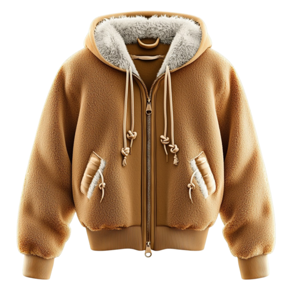 Cozy brown winter jacket with a furlined hood and drawstrings for warmth and comfort png