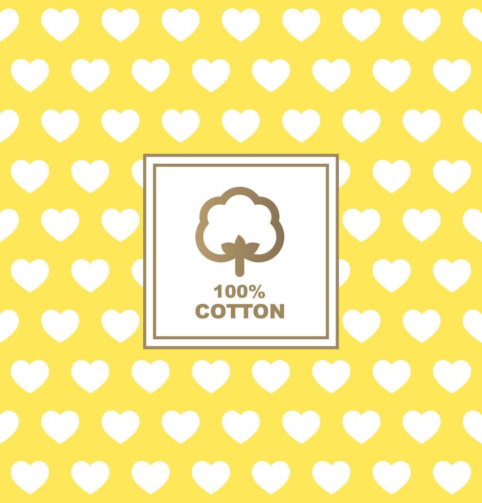 White Hearts on Yellow Cotton Background, Seamless background with 100 percent cotton label vector