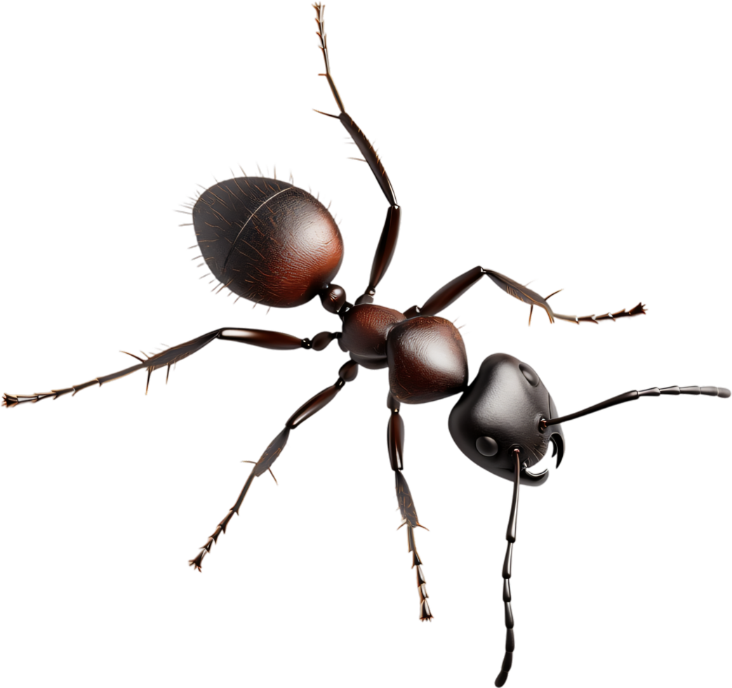 An ant is presented in a detailed macro shot, revealing intricate details of its segmented body and delicate features in a high resolution. png