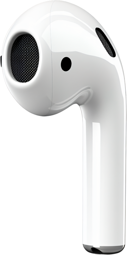 Close-up of a sleek, glossy white wireless earbud with a black sound outlet. The earbud features a modern, ergonomic design. png