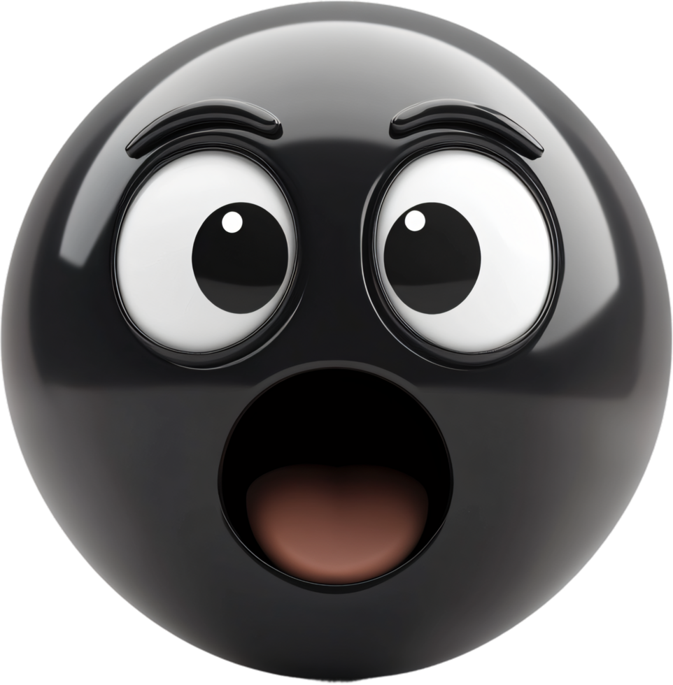 Surprised glossy black cartoon ball emoji with wide eyes and open mouth conveys shock, amazement, or disbelief in a playful design. png
