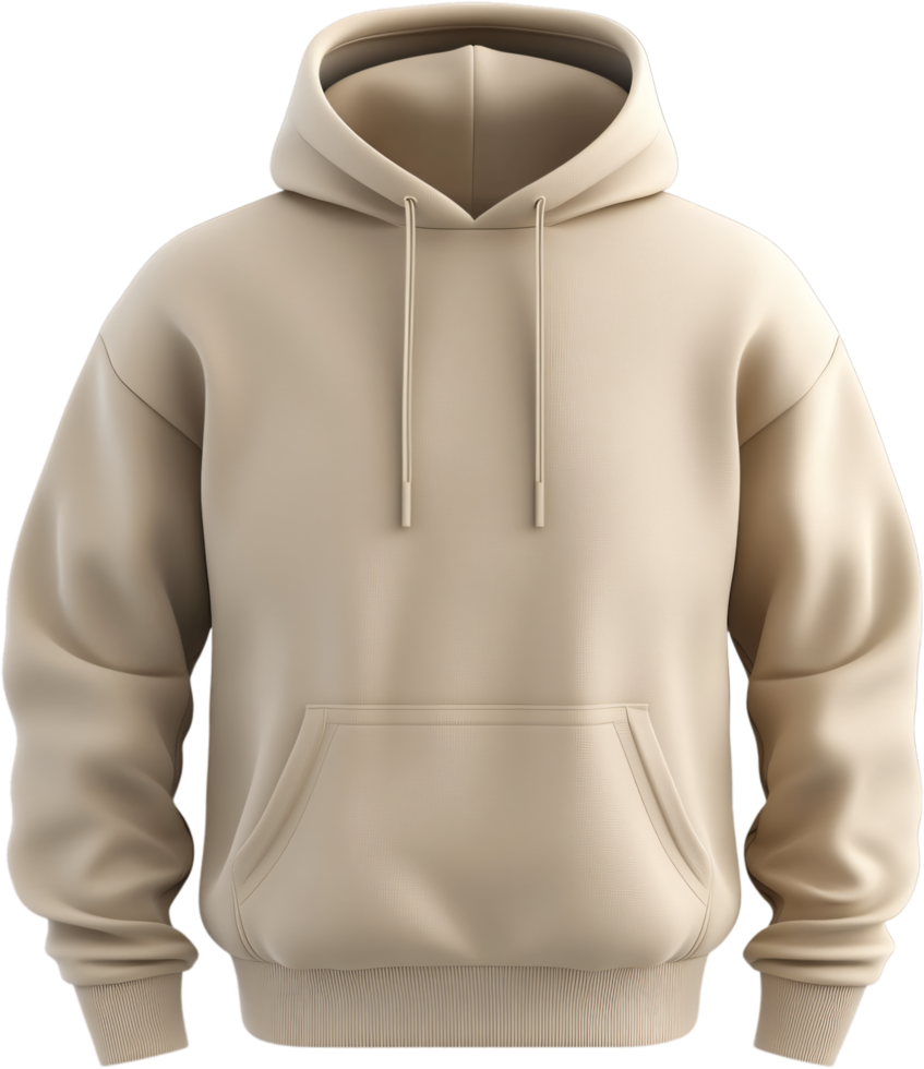 Beige hoodie isolated on black. Casual hooded sweatshirt with drawstrings and kangaroo pocket. Essential, cozy and stylish outerwear item. png