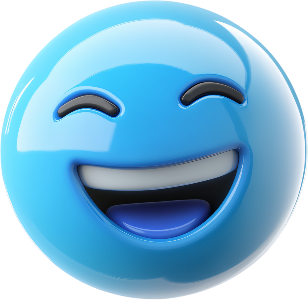 Expressive 3D emoji with bright blue skin, wide smile, and squinted eyes conveying pure joy and happiness. Perfect for lighthearted communication. png