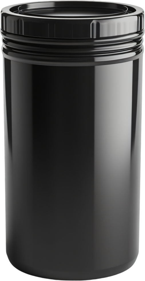 Sleek black container with a smooth, glossy finish. Its cylindrical design offers a modern and versatile storage solution. Minimalist aesthetic. png