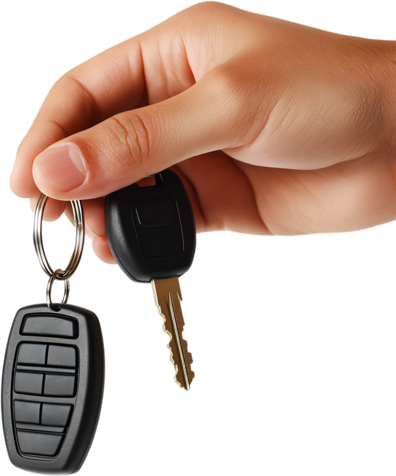 Hand holding car keys and remote. Closeup of keys with ring, black remote, and brown hand. isolated over a black background with clear details png