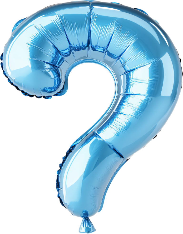 Floating Light Blue Metallic Foil Balloon shaped like a question mark floating in the air against a black background. Isolated png