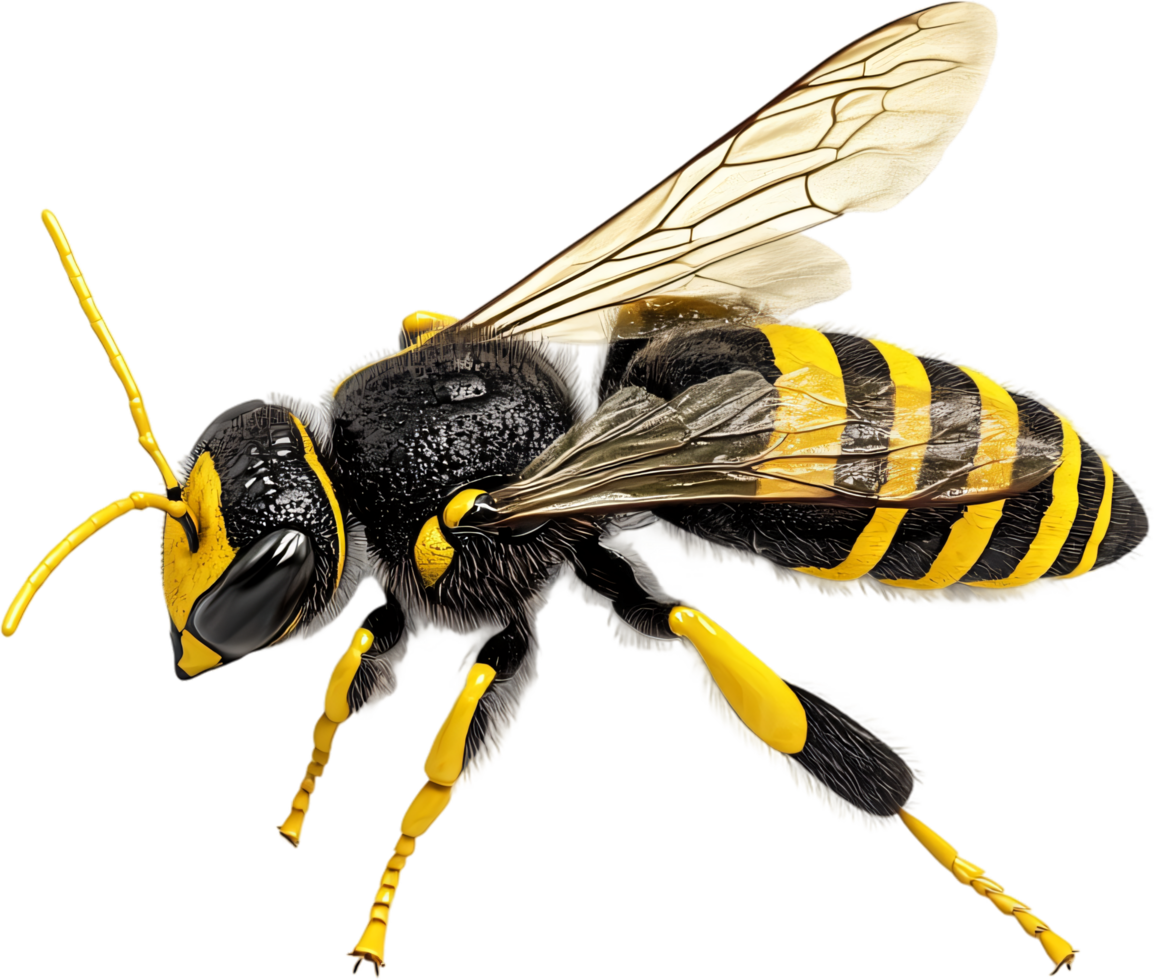 Striking macro shot of a yellow-faced bee with intricate patterns and vibrant colors, highlighting its beauty against a black backdrop. png