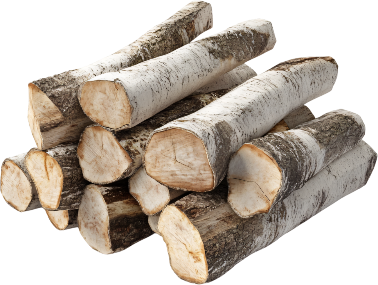 Pile of birch logs, stacked and ready for use. Natural wood with white bark and brown details. Close-up shot on a black background. png