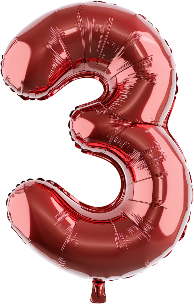 A shiny, inflated red balloon shaped like the number three floats against a dark backdrop, shimmering in the light. Great for parties. png