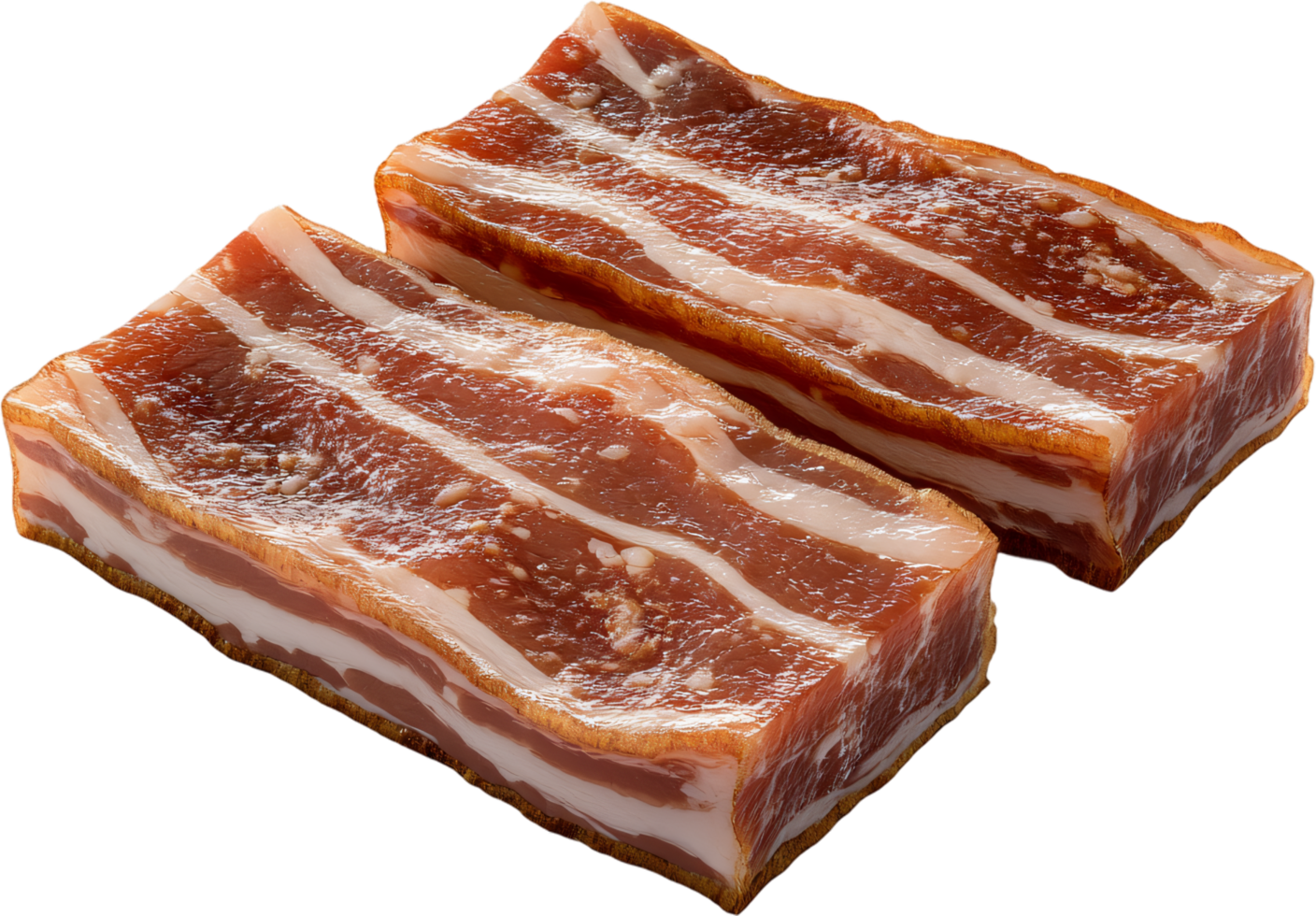 Thick slices of uncured pork belly show layers of red meat and white fat. The salty breakfast meat glistens under the bright light. png