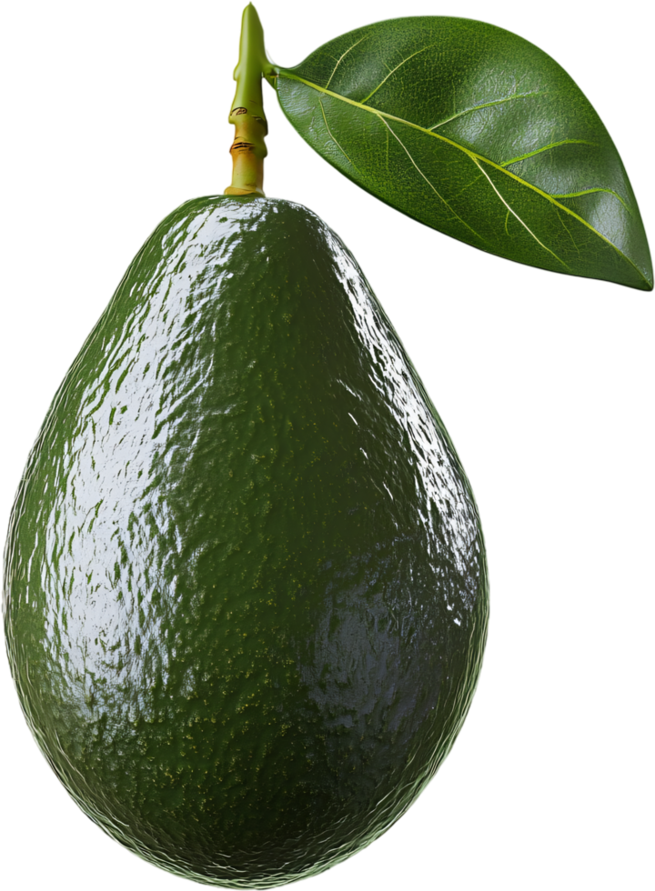 A ripe avocado with its vibrant green hue, smooth skin, and a single leaf, captured in high-quality detail against a solid black background. png