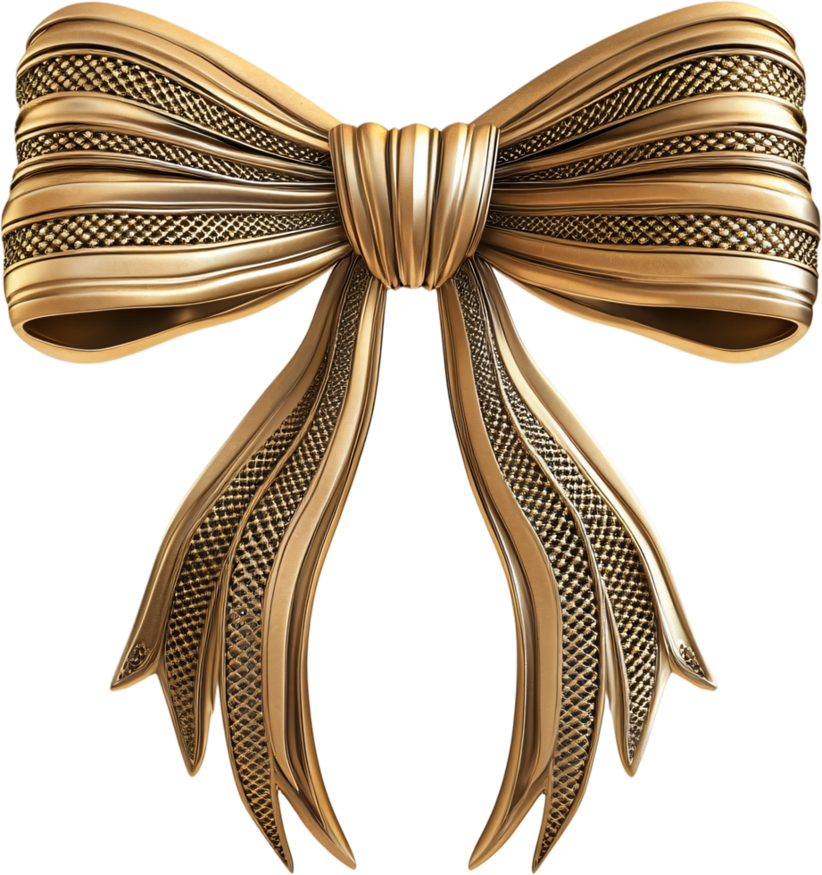 Elevated golden bow, sculpted design with ribbons flowing down. Ornate and shiny, it catches the light and gleams. Classic and rich style. png