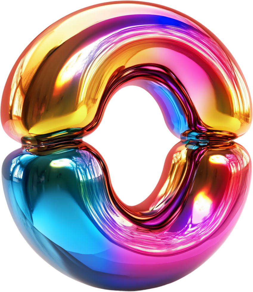 Abstract reflective object with vibrant rainbow colors and torus shape against a dark background, exuding a futuristic and artistic design. png