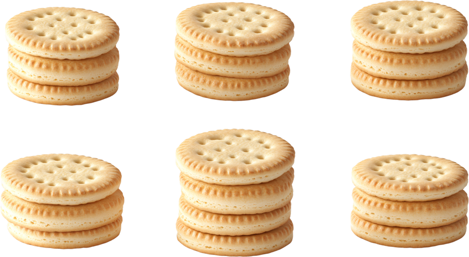 Six stacks of round crackers are arranged on a black background. Perfect for a snack, appetizer, or used with dip and cheese. png