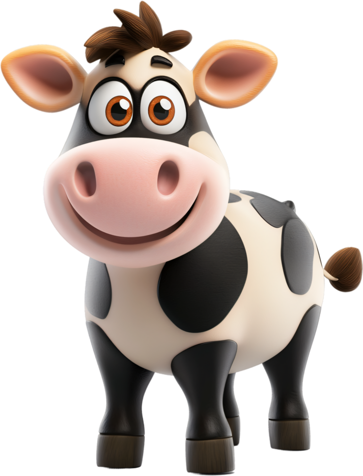 A charming, cartoon-style cow with a friendly expression and a classic black-and-white pattern, rendered in a smooth, 3D aesthetic. png