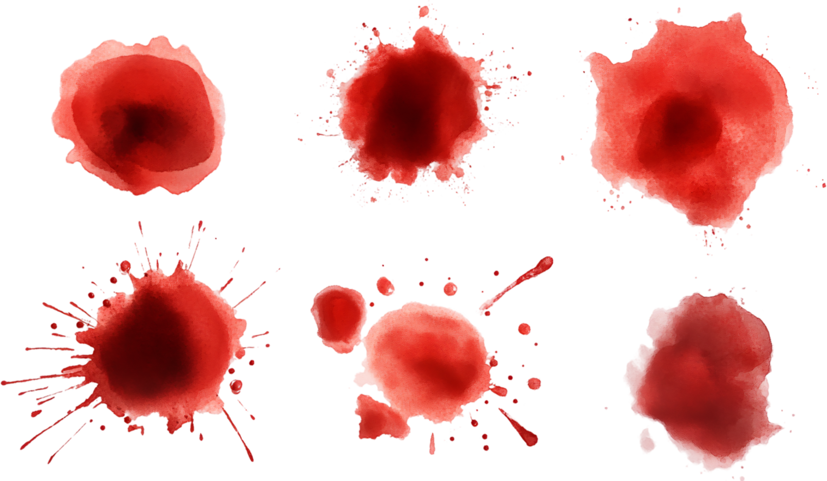 A collection of various splatters and blots in a vivid, red watercolor texture set against a stark, dark backdrop, creating visual interest. png
