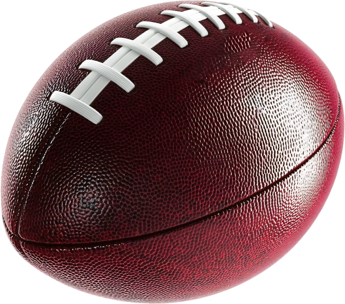 A close-up view of a textured, maroon-colored football, showcasing the intricate detailing of the leather and white laces in great detail. png