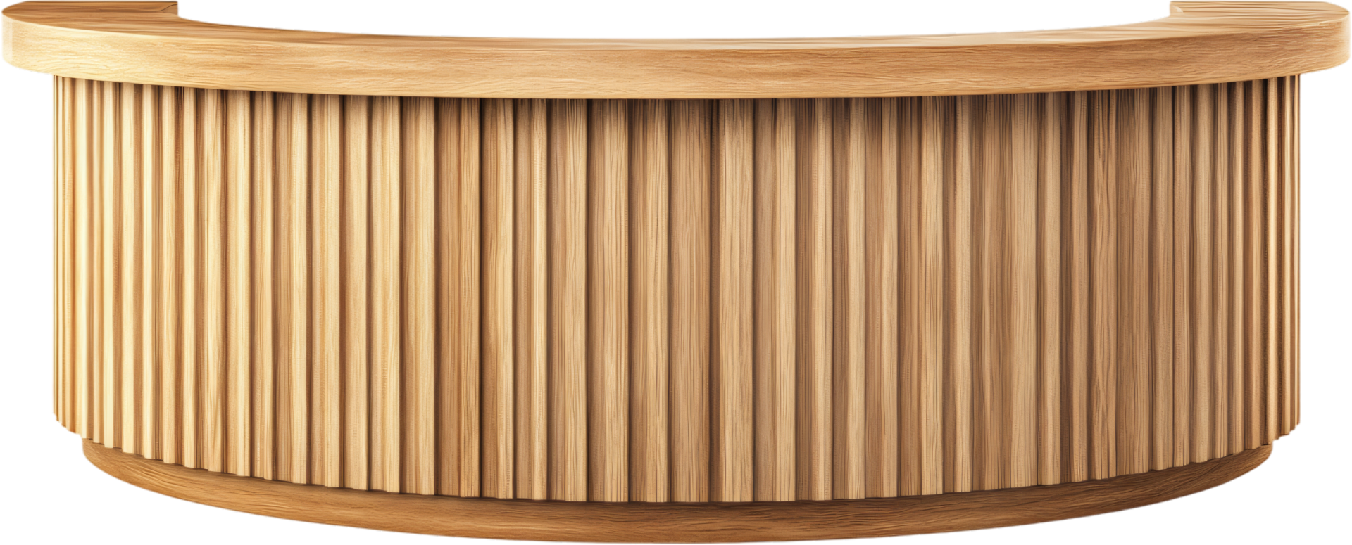 Elegant wooden counter featuring a light brown finish with vertical slats, ideal for minimalist interior design, and commercial spaces. png